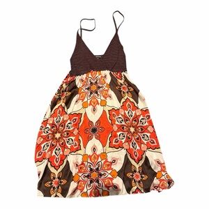 BEBE silk Dress with Orange and Brown Floral Design